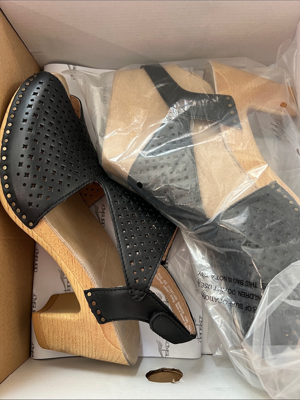 Dansko Black Perforated Slingback Heel with Tan Wood-Look Heel - New in Box